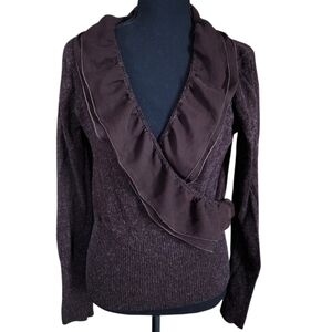 SAGA Romantic Cashmere Blend Ruffle Coquette Deep V Faux Wrap Sweater